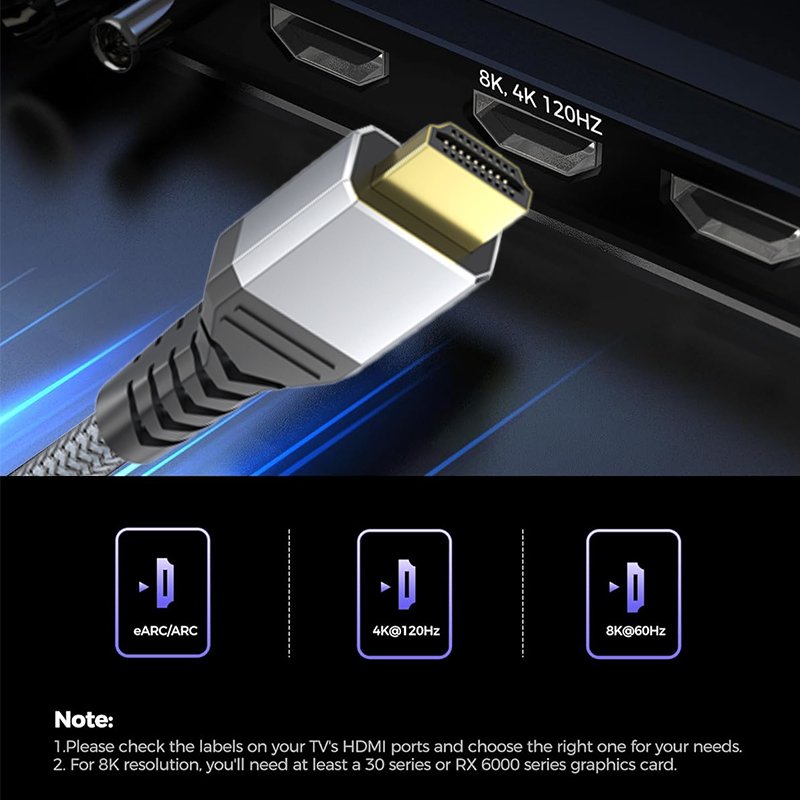 8K HDMI Cable2.1, DisplayPort to HDMI Cables, Certified Ultra High Speed 48Gbps, 4K@120Hz, 8K@60Hz, 2K/144Hz, 1080P/240Hz 3D visual, HDR10, eARC, HDCP 2.2/2.3, Braided Design for PS5, Xbox, Apple TV, Monitors, TVs, and Gaming (Multiple Length Options)